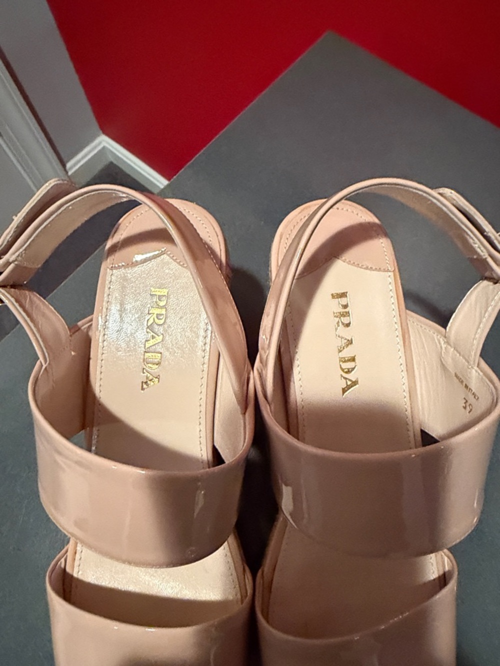 Prada Blush Patent Leather Espadrille Wedge Sandals - Picture 2 of 6